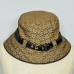 Coach Monogram Bucket Hat Khaki Brown Signature CC Logo with Leather Belt